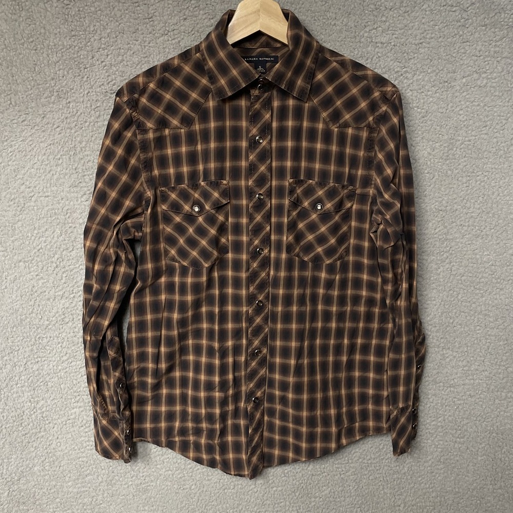 Banana Republic Shirt Mens S Brown Plaid Pearl Snap Western Long Sleeve Slim Fit